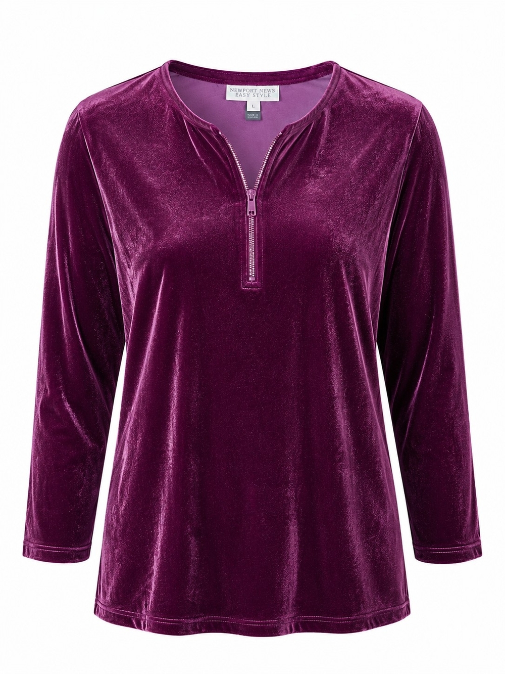 NEWPORT NEWS | Velvet Quarter Zip Stretch Velour Top Burgundy Plum Holiday | L